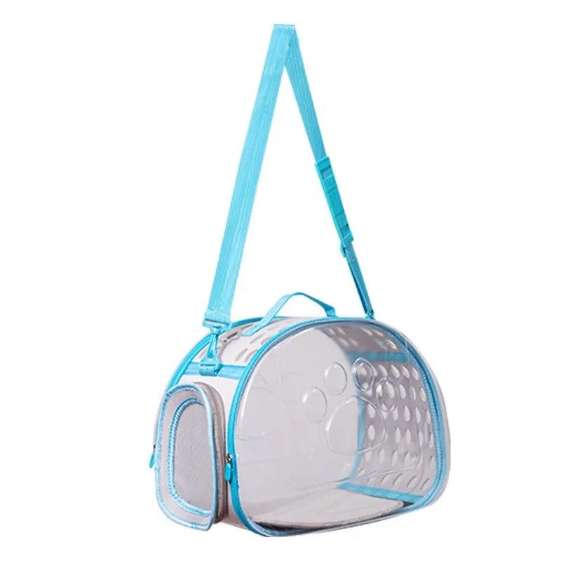 Large transparent hard-shell backpack pet carrier for cats, shown in violet colour.