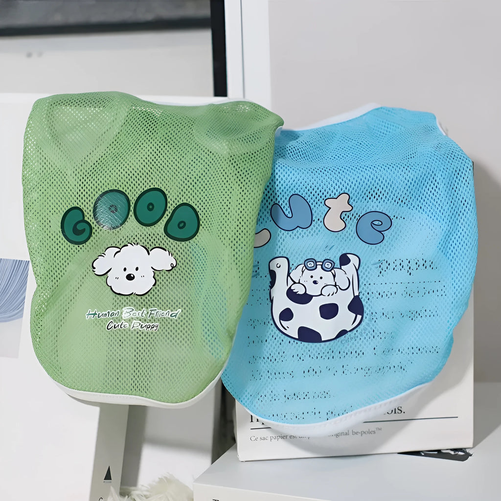 Spring summer grid cartoon printed polyester pet vest in blue, shown on a small dog, size range XS to 6XL