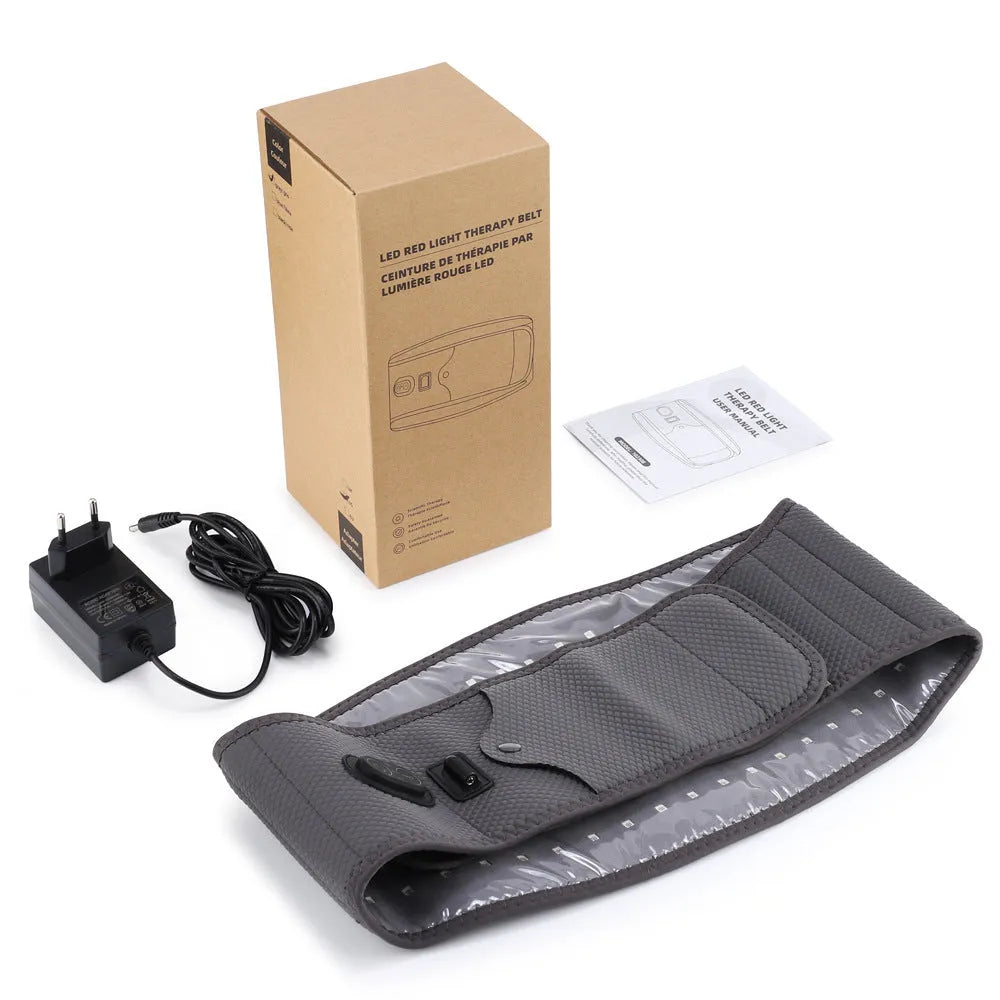 Grey electric waist therapy belt with red light hot compress beads and adjustable neoprene support
