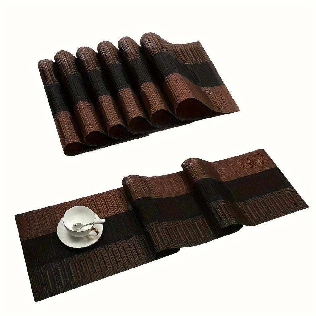 PVC non-slip kitchen sink mat in gradient bamboo black colour, shown in 30x180cm size on a countertop.