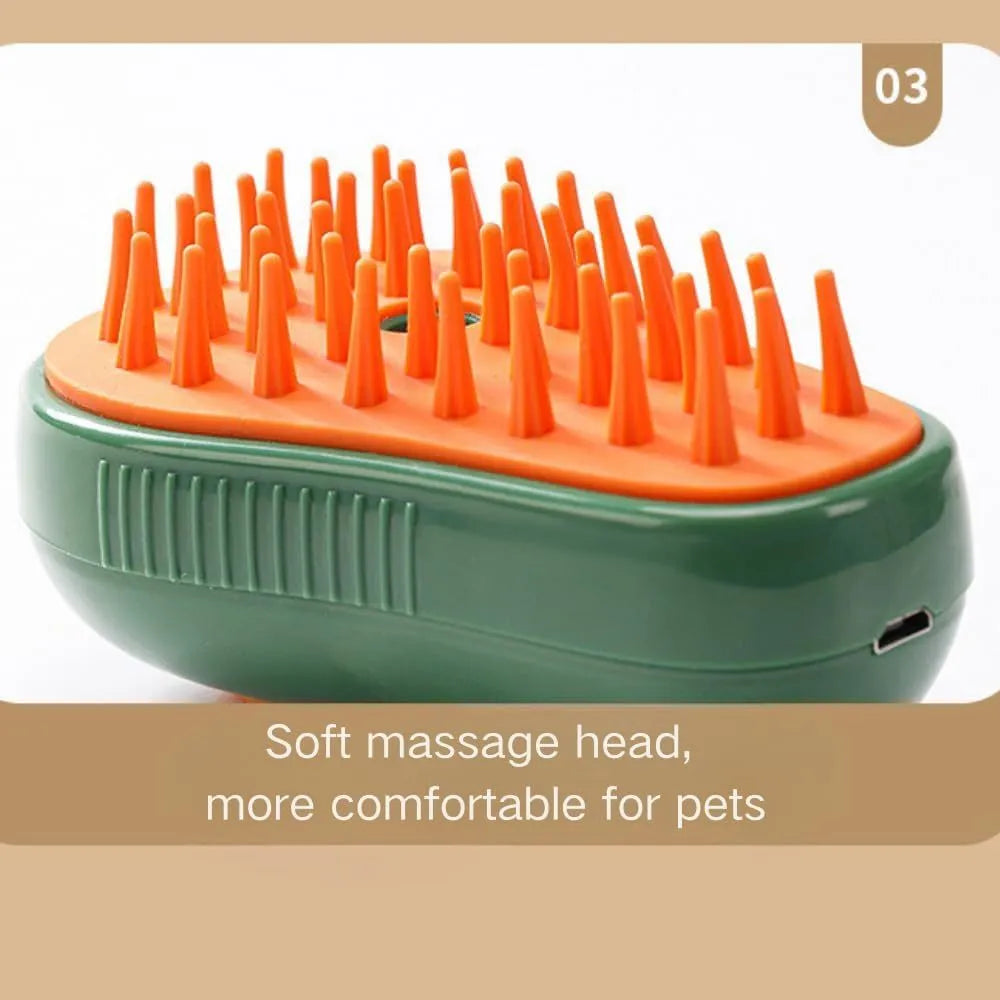 Green and white 3-in-1 cat steam brush with silicone bristles and water spray nozzle.
