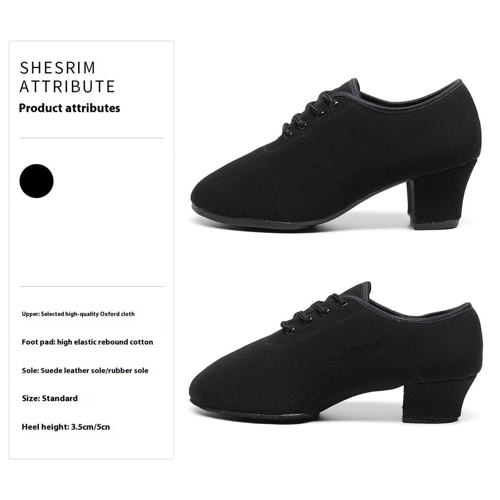Black Oxford cloth men's dancing shoes with middle heel, rubber sole, front view