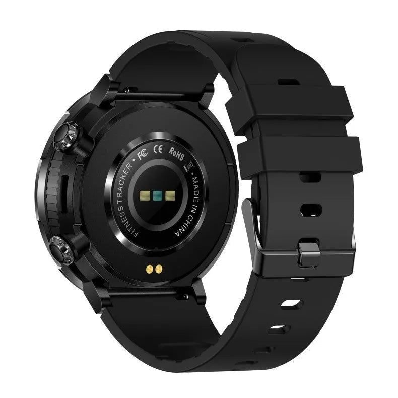 Black T30 smart watch with a silicone strap on a wrist, showing the IPS touchscreen display.
