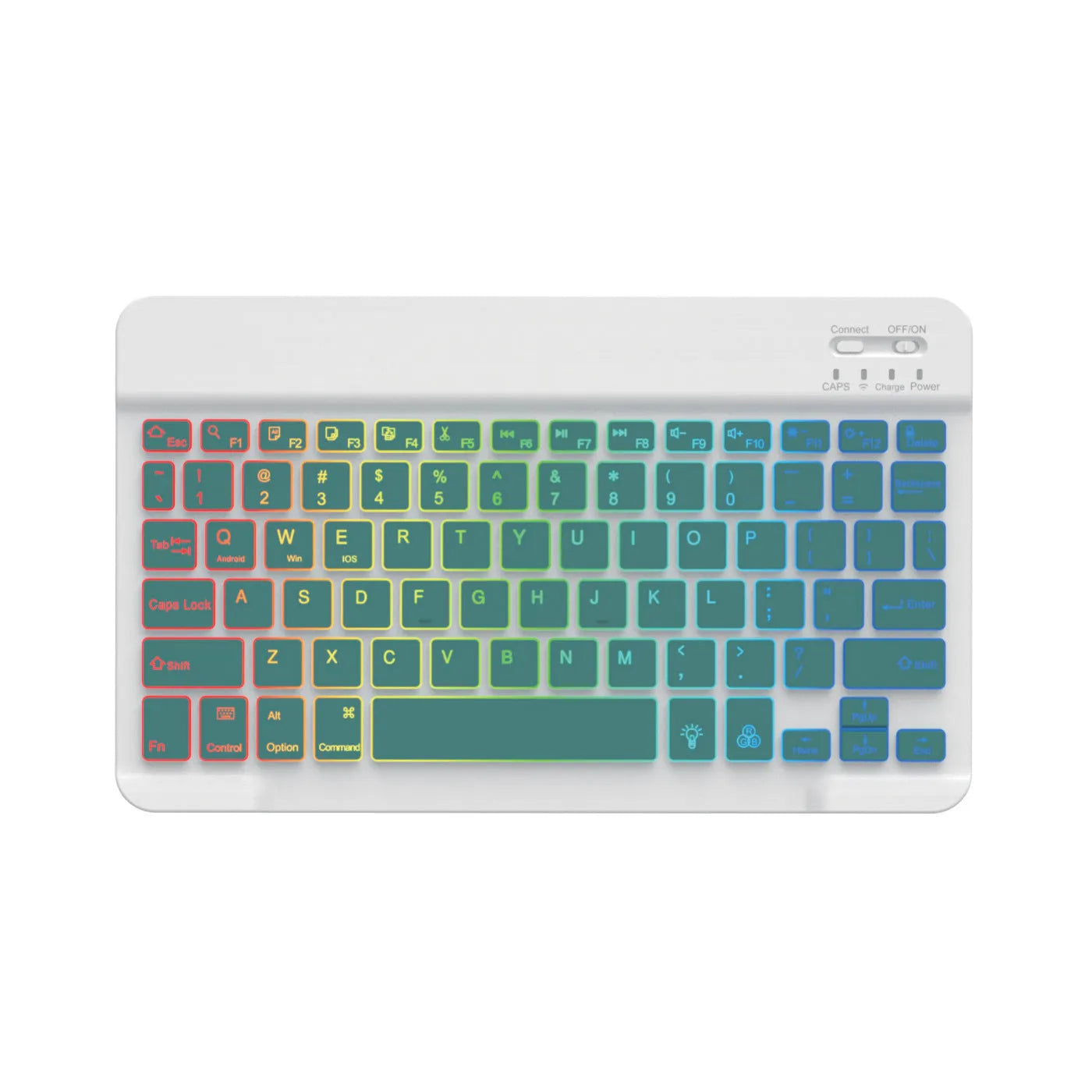 10-inch backlit Bluetooth keyboard for tablets showing colourful lighting with charging cable