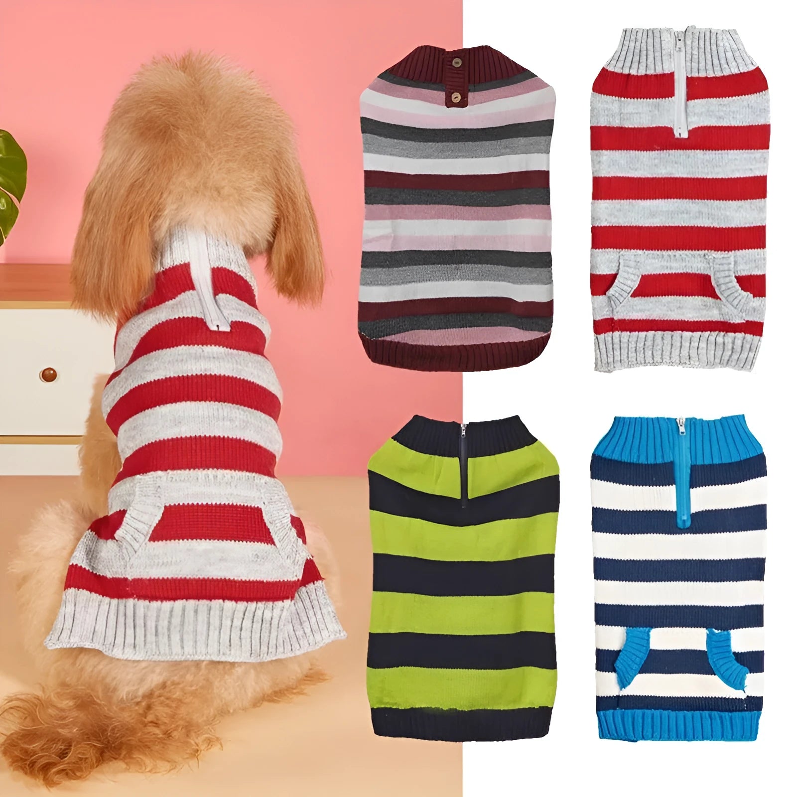 Dog sweater with horizontal contrast zipper and button pocket for small medium dogs