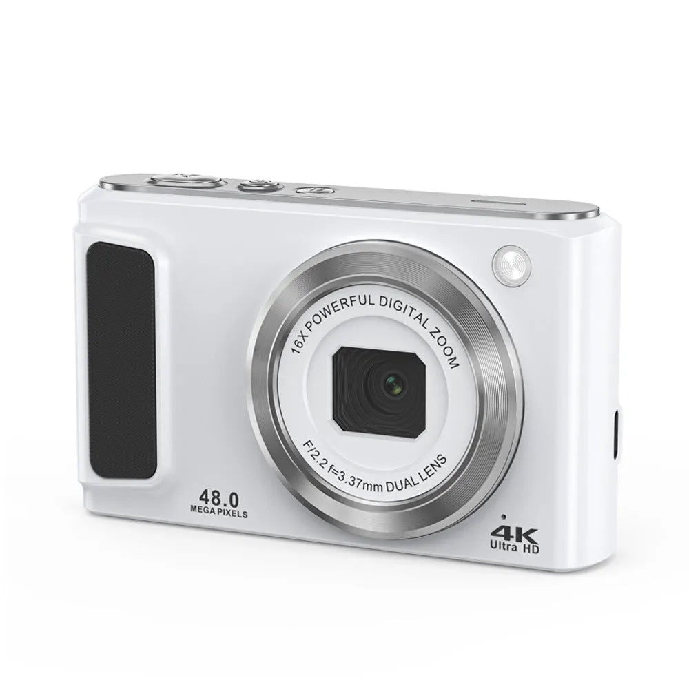Entry-level 4K HD digital camera with front and rear dual cameras, compact ABS body, black or white, 102x27x62.8mm