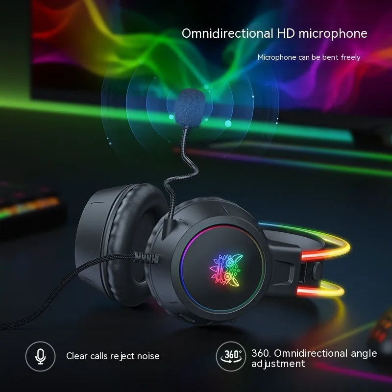 X15PRO wired gaming headset with RGB luminous lights and built-in microphone on black background