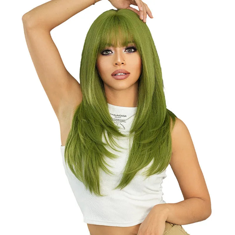 Long straight vanilla green women's wig with full bangs, 63cm length.