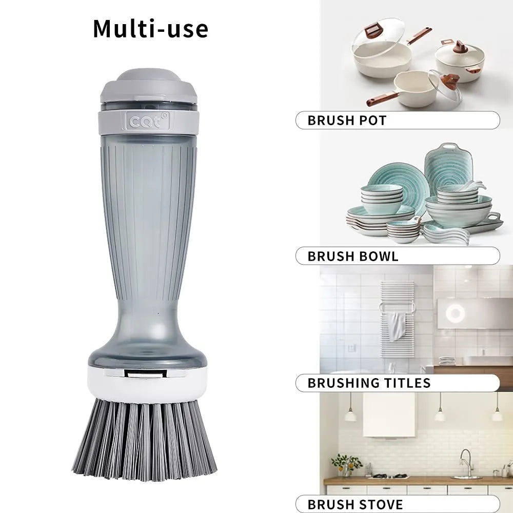 Pot and dish brush with integrated soap dispenser and replaceable brush head in mint green