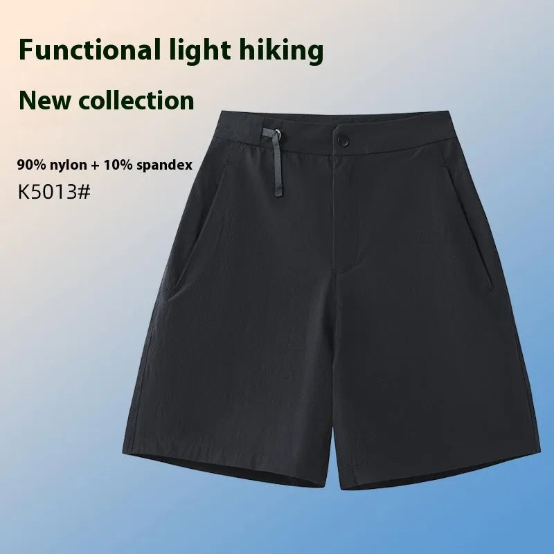 Man wearing khaki quick-drying sports shorts with a 3D cut, suitable for running.