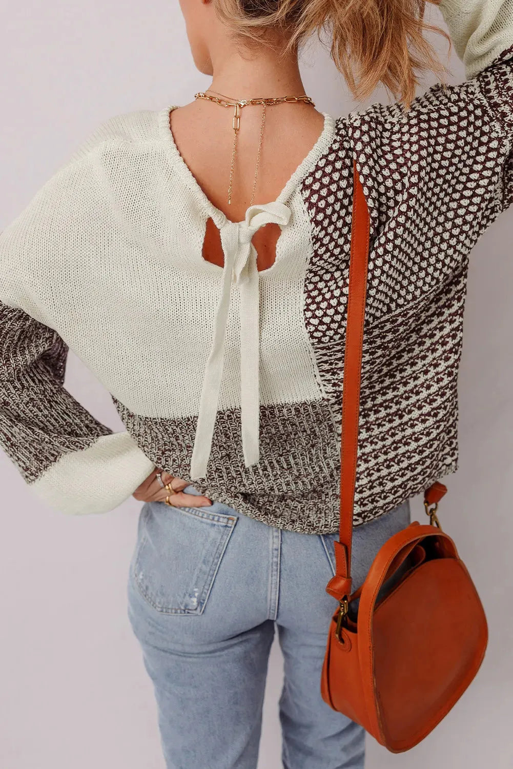 Dark khaki colour block loose sweater with drop shoulders and a back tie closure.