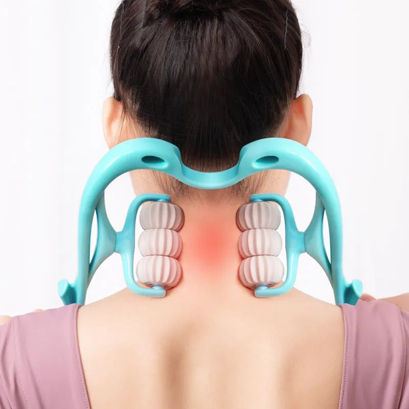 Blue plastic handheld massager with six white rotating wheels for neck and shoulders.