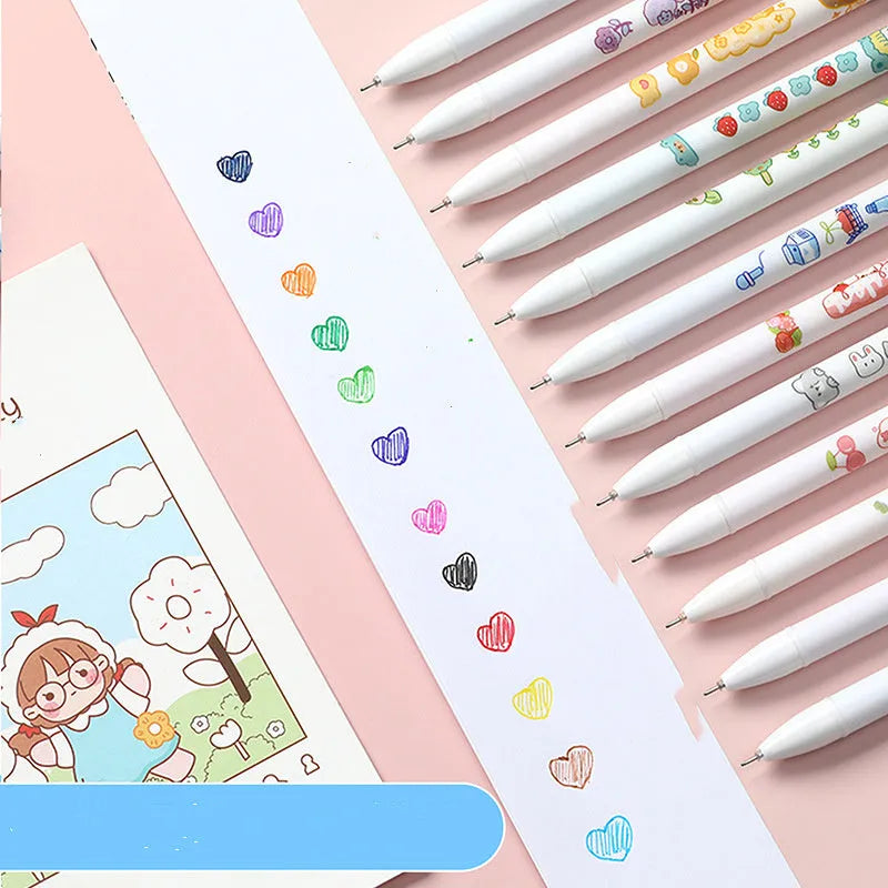 Twelve colourful gel pens with 0.5mm tips arranged in cartoon packaging for hand accounting