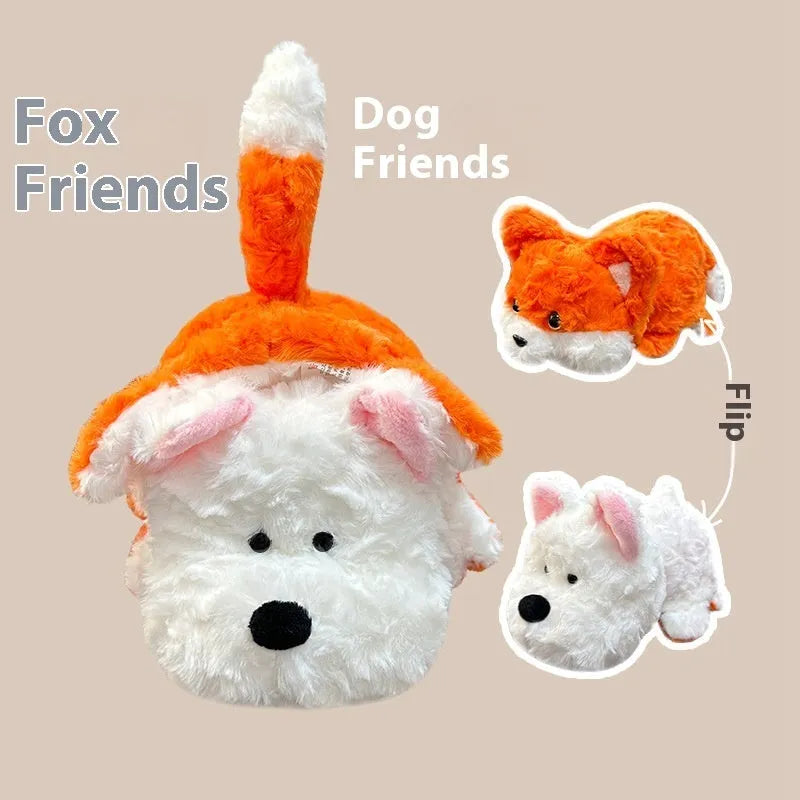 Creative transformation plush toy in cow horse colour, 35cm height, on white background
