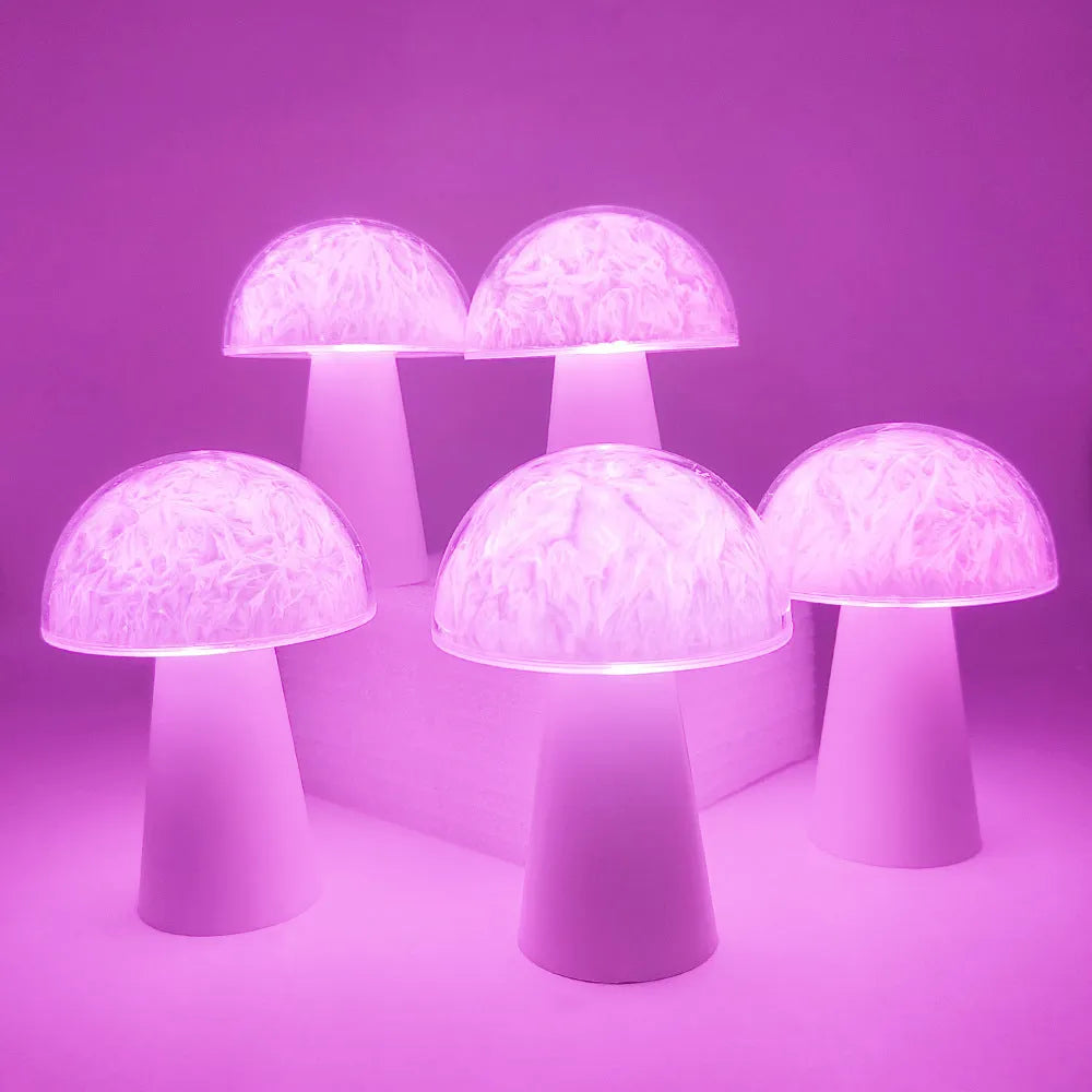 White mushroom-shaped night light with remote control on a wooden surface, showing soft RGB glow.