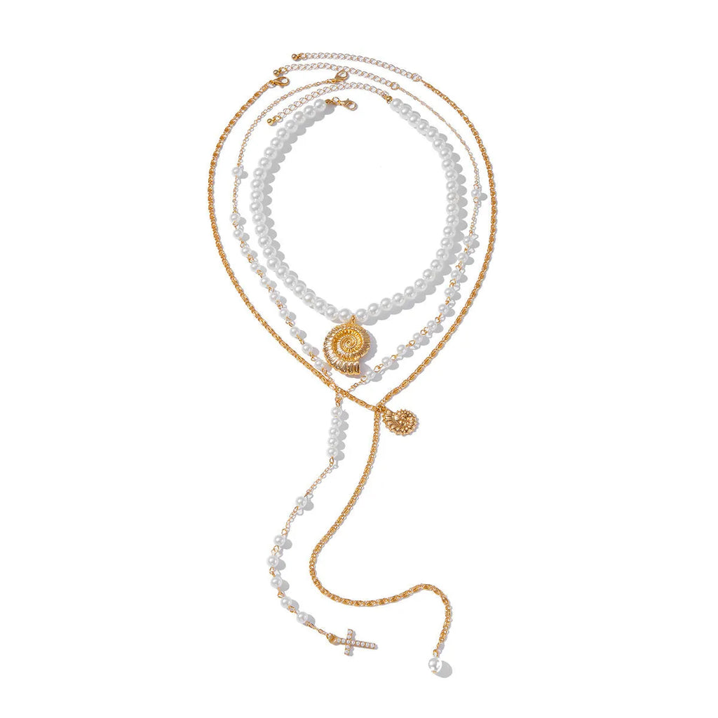 Long Y-shaped tassel pendant twin necklace in imitation pearl with gold electroplated finish on woman