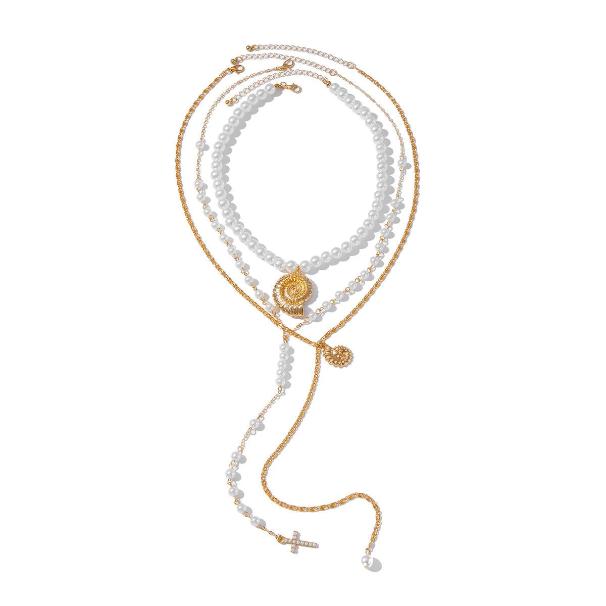 Long Y-shaped tassel pendant twin necklace in imitation pearl with gold electroplated finish on woman