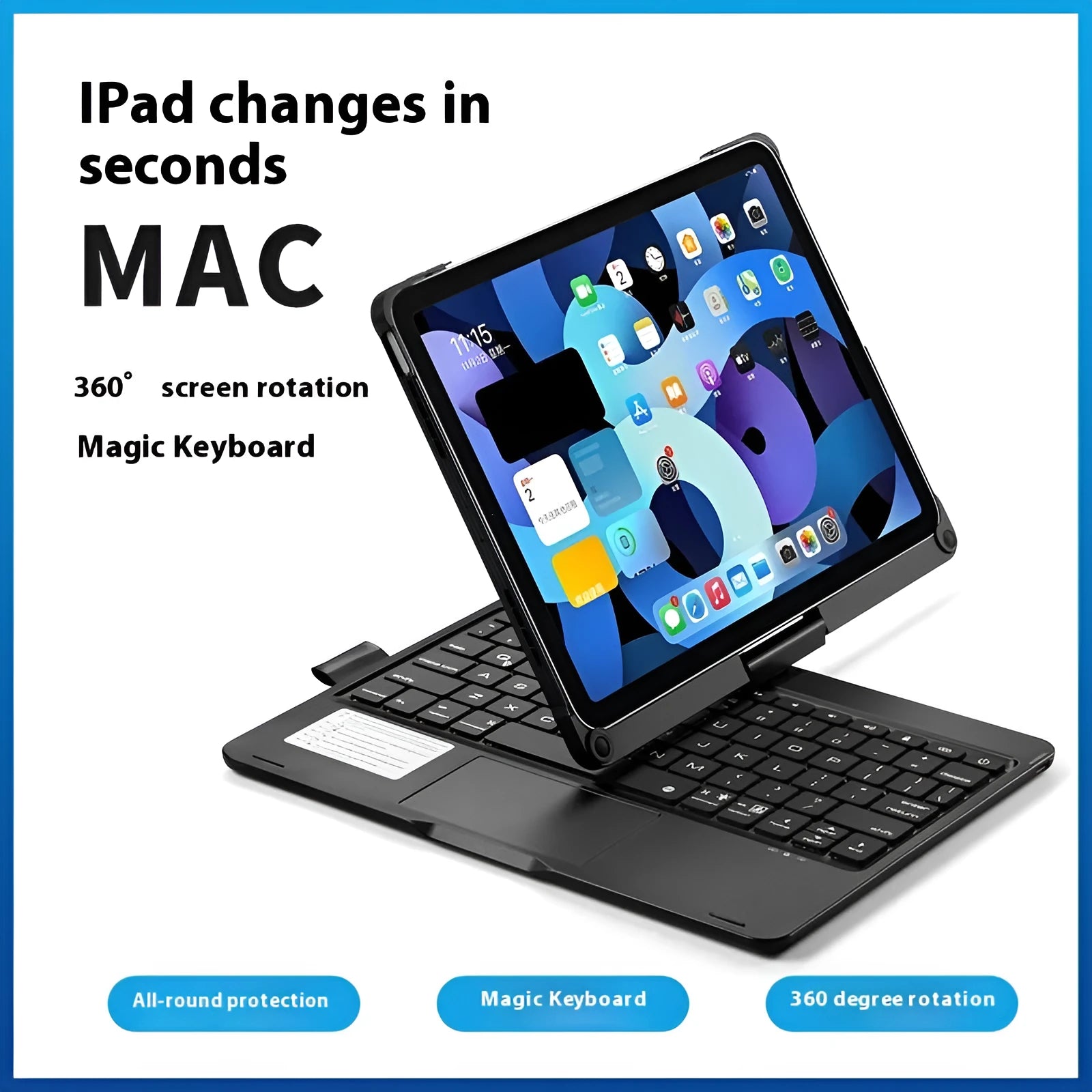Miaocontrol Bluetooth keyboard with rotating stand for Apple iPad tablets in black, rose gold, or silver