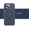 Magnetic bracket phone case for iPhone 15 in frosted Black, Blue or Grey with TPU PC cover and drop protection