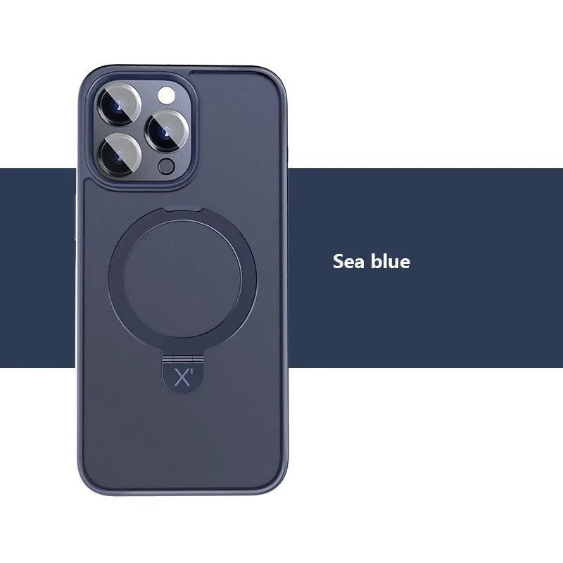 Magnetic bracket phone case for iPhone 15 in frosted Black, Blue or Grey with TPU PC cover and drop protection