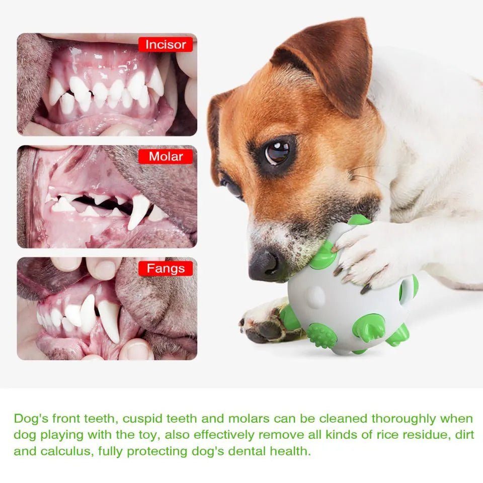 Blue, green and yellow dog teething chew ball toy with serrated bumps and hollow centre.