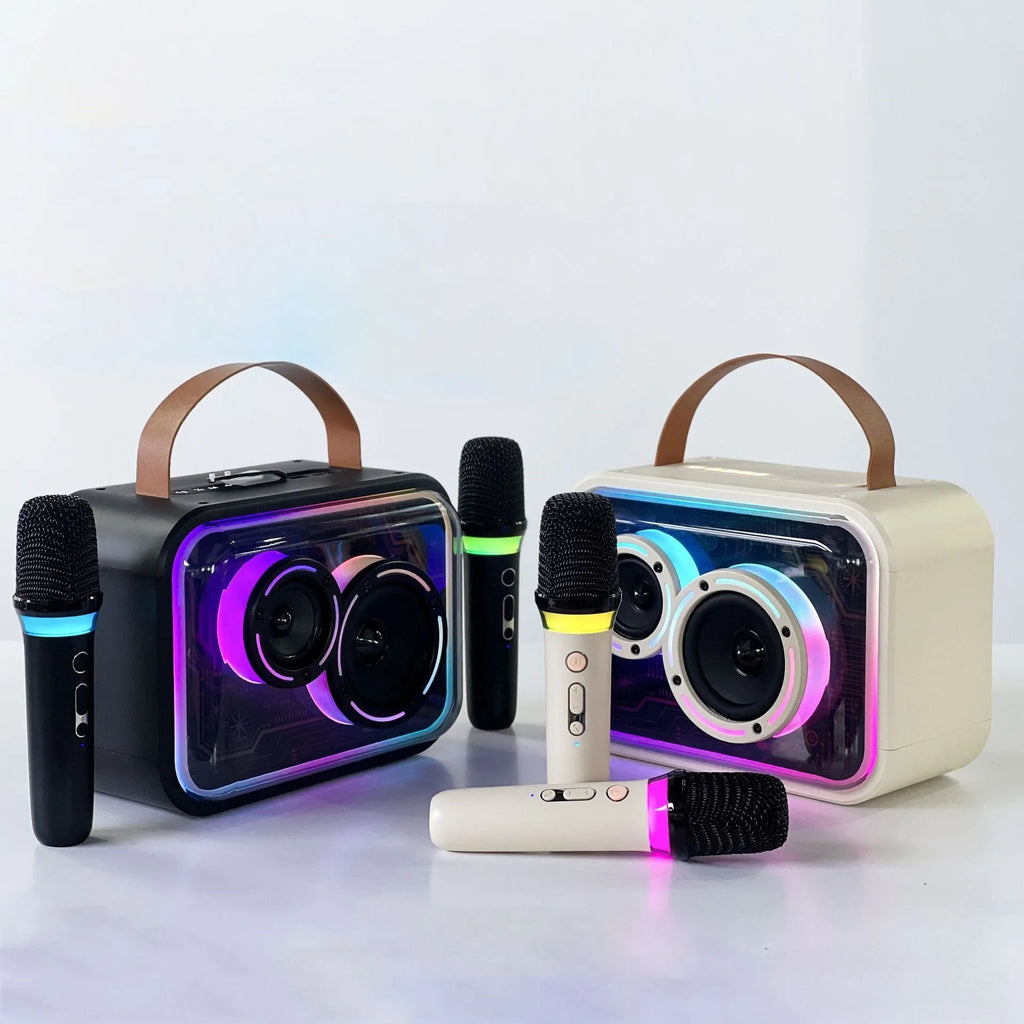 Portable Bluetooth karaoke speaker with RGB lights in light yellow or black with microphone