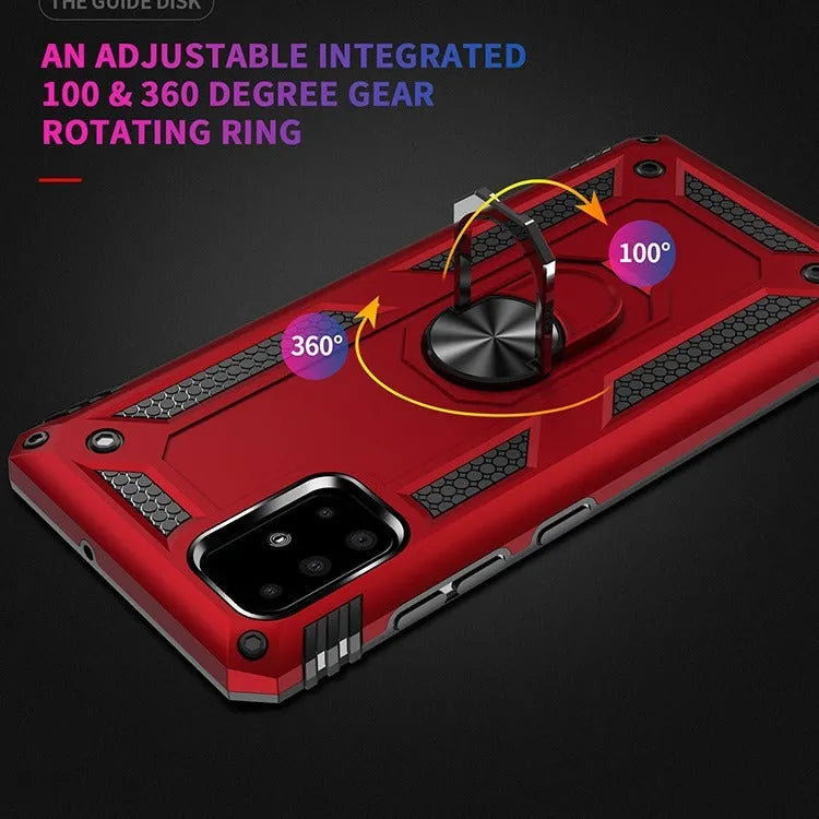 Drop-resistant bracket magnetic phone case for Samsung A03S in black, showing TPU PC metal back cover with built-in bracket