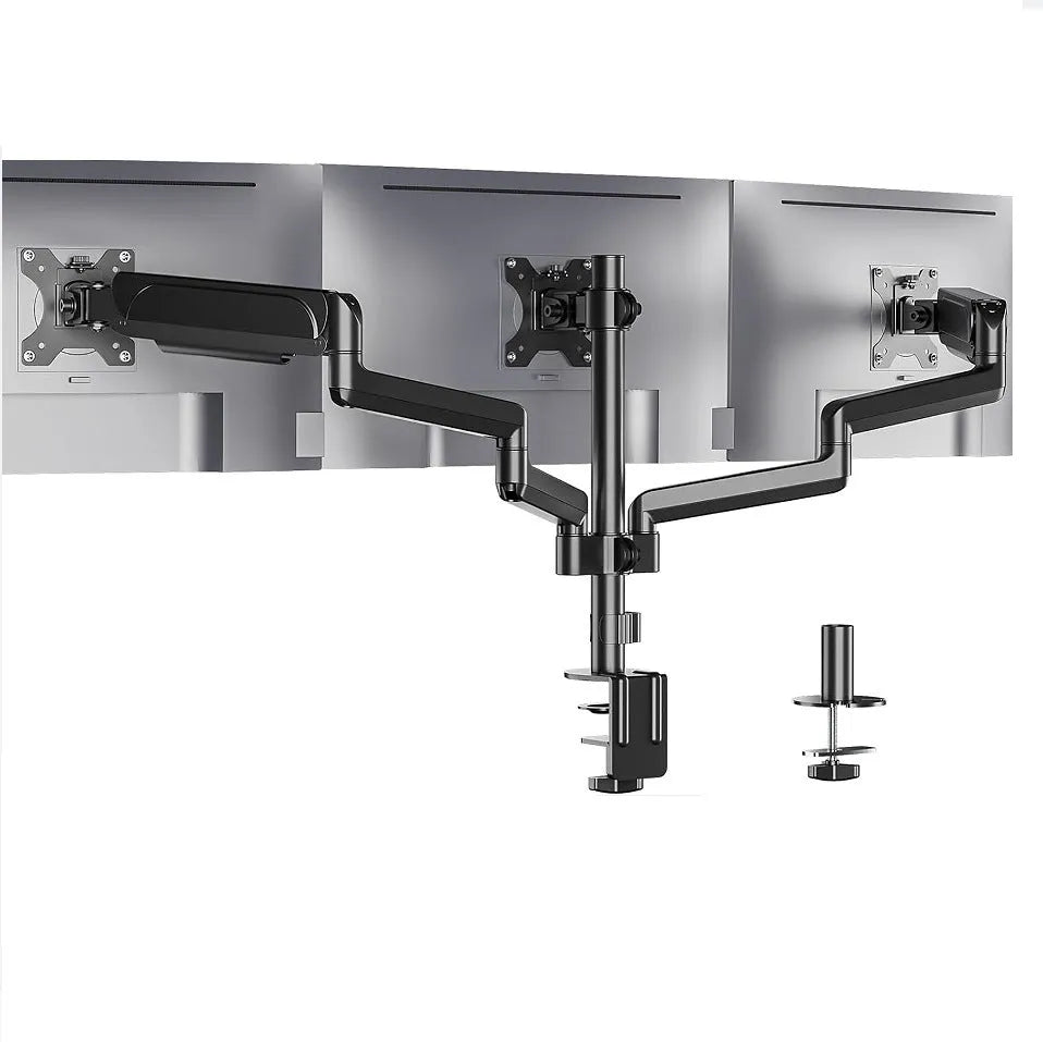 Black aluminium alloy three-arm gas spring monitor arm for 27-inch computer screens