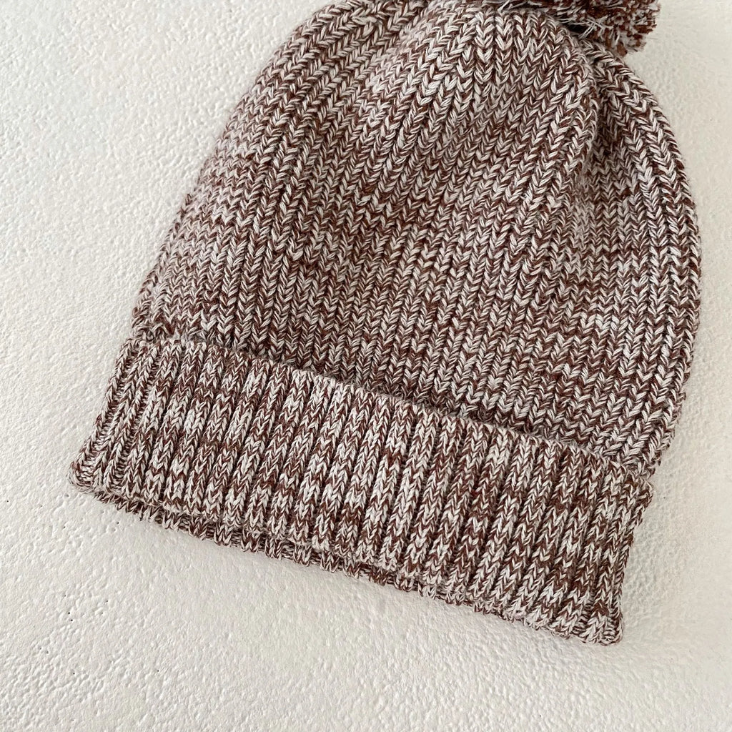 Infant girl dark brown knitted three-piece set with fur ball hat on hanger