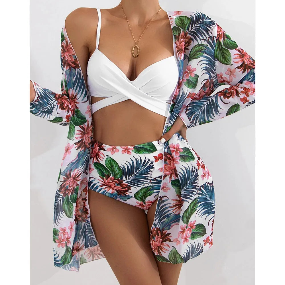 New swimsuit women bikini set nylon spandex mesh split three piece sizes S to XL multiple colours