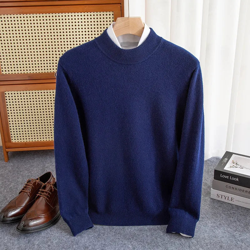 Men's loose-fit half-collar wool sweater in coarse knit yarn, shown in a camel colour.