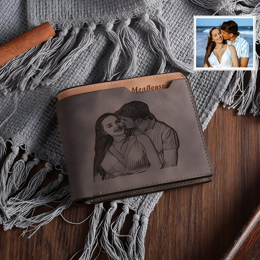 Coffee brown engraved horizontal short PU wallet for men, showing photo personalisation on the cover.