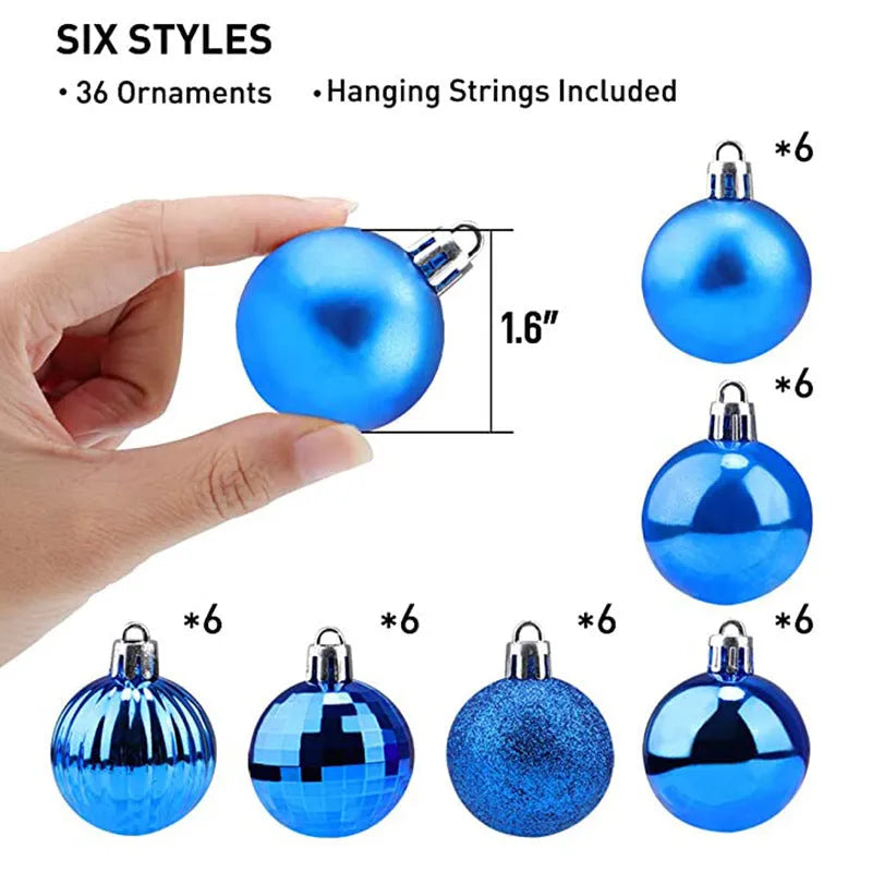 36-piece Christmas bauble set with 4cm balls in 17 colours including gold, silver, red, blue, green, pink and purple