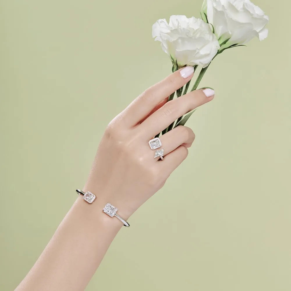 925 sterling silver opening bracelet for women with quadrilateral element, 16cm or 18cm, silver finish