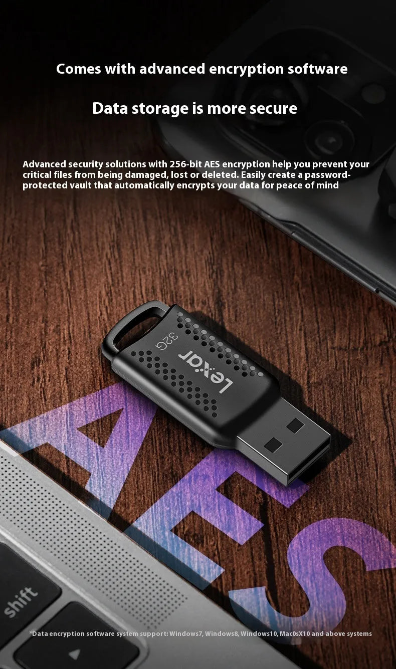 Black plastic mini USB 3.0 flash drive with encryption, 47.8 x 18.4 x 8 mm