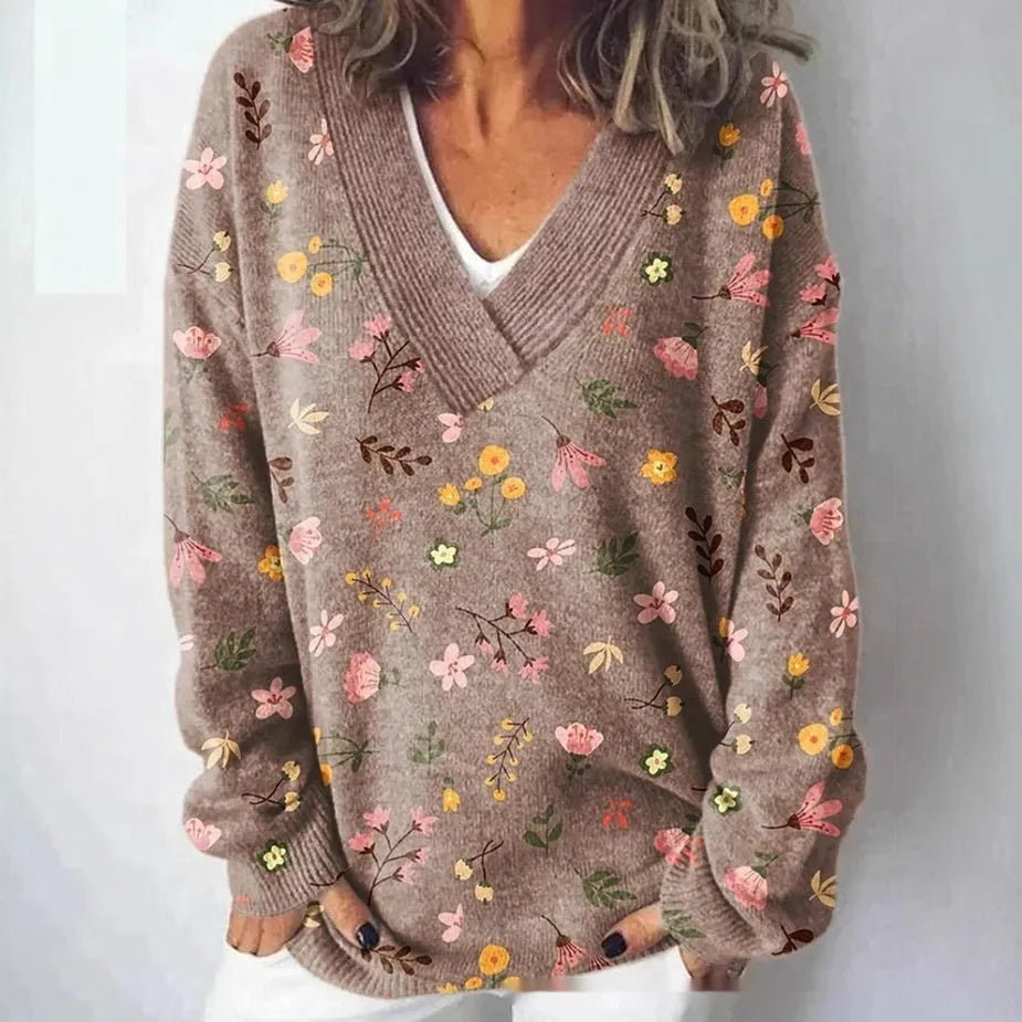 Women's v-neck long sleeve sweatshirt with a raised 3D floral pattern print in multiple colour options