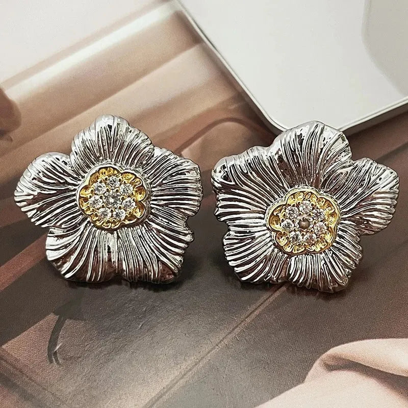 Retro textured stud earrings with gardenia camellia floral design in two-tone E3002 colour