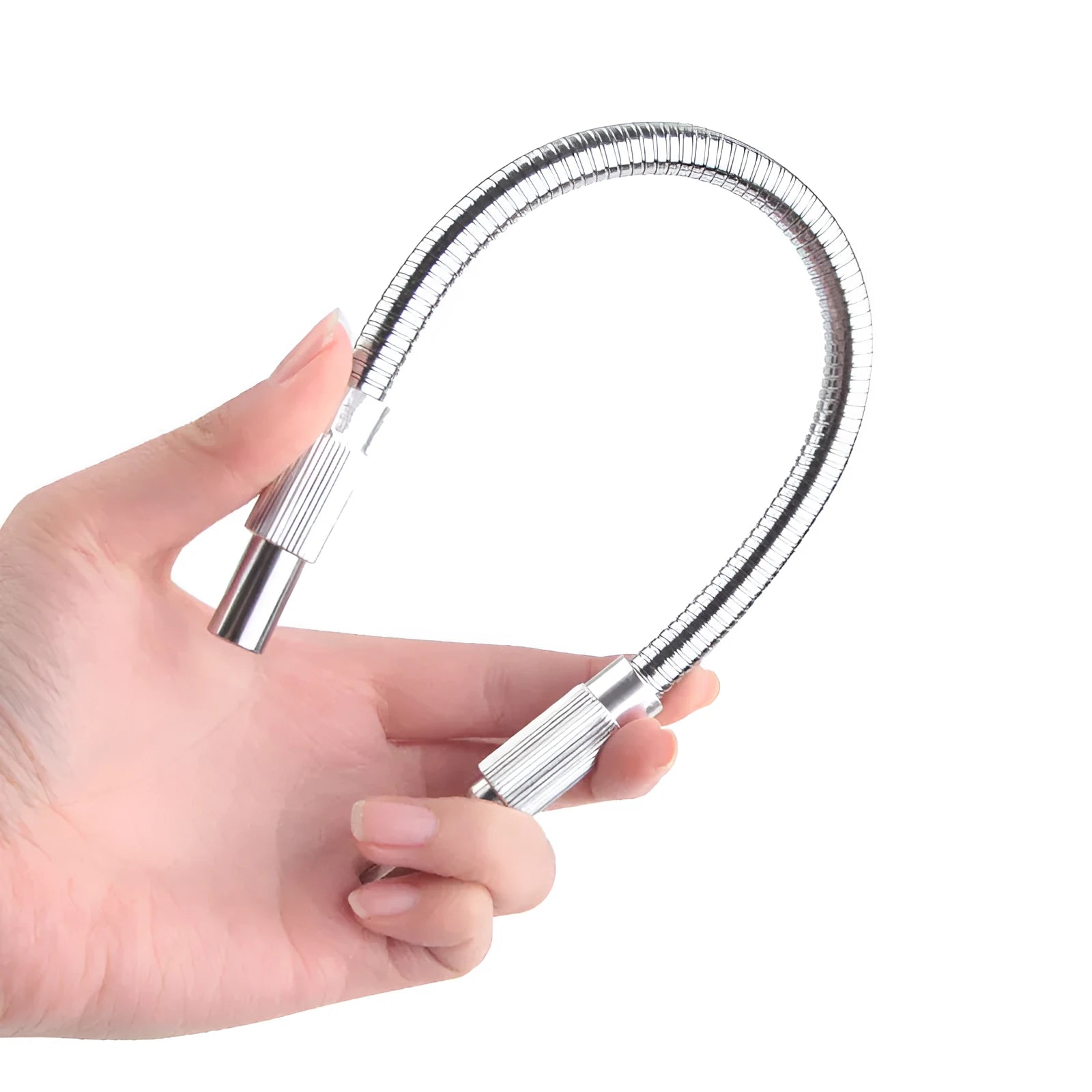 Silver metal flexible shaft for cordless drills with a 6.35mm shank, shown in various lengths.
