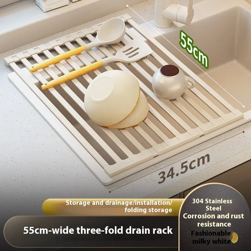 Milky white foldable stainless steel kitchen draining rack showing tri-fold mechanism
