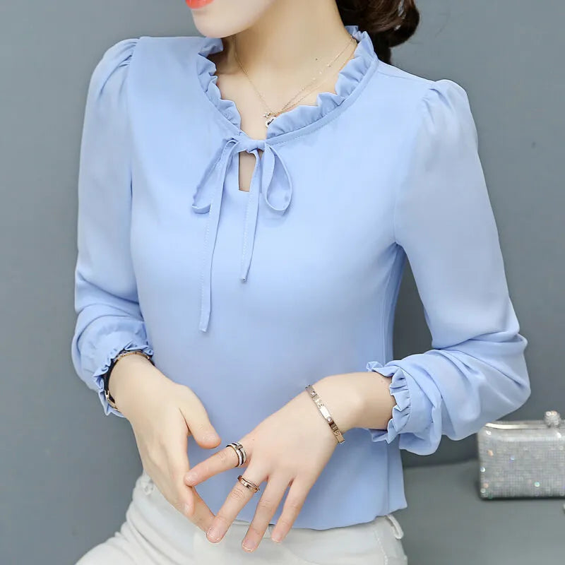 Loose plus size chiffon shirt for women with long sleeves in rose red colour