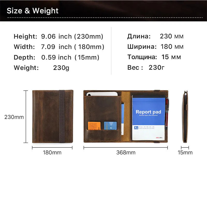 Brown Crazy Horse leather A5 notebook protective sleeve with square socket opening