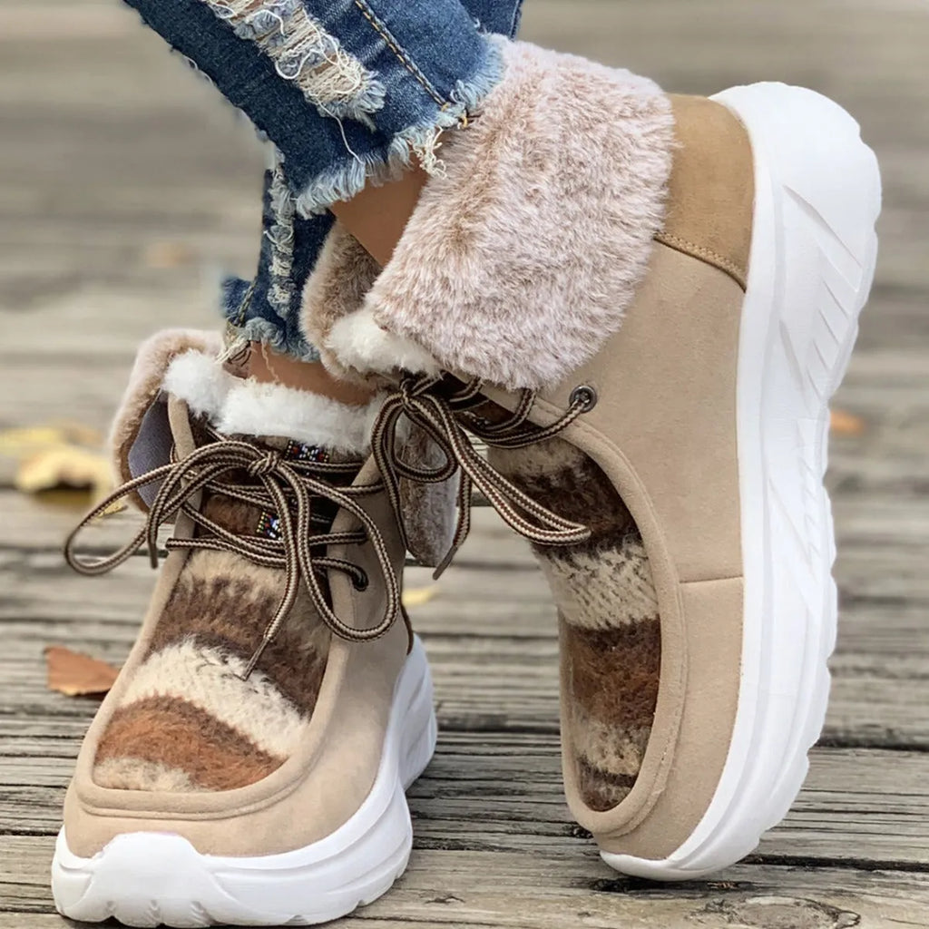 Women's beige suede lace-up snow boots with thick rubber soles and plush lining