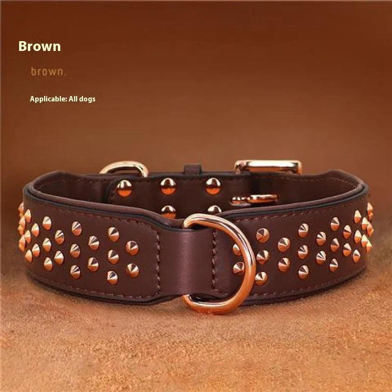 Leather dog collar with anti-bite rivets and a metal D-ring in black colour