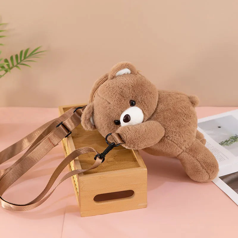 Cartoon bear lying bag plush doll crossbody bag in creamy-white free size with airpillow straps