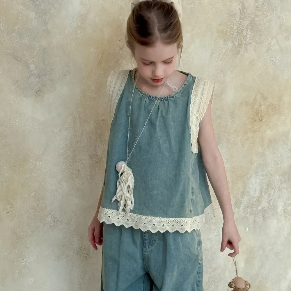 Light blue girls' lace trim denim cropped wide-leg pants and sleeveless vest two-piece set on child model
