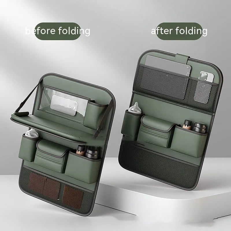 Car seat storage bag with foldable table in leather, hanging behind vehicle seat