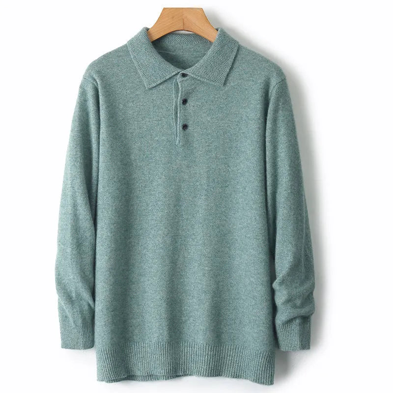 Man wearing a grey woolen polo collar sweater pullover with long sleeves.