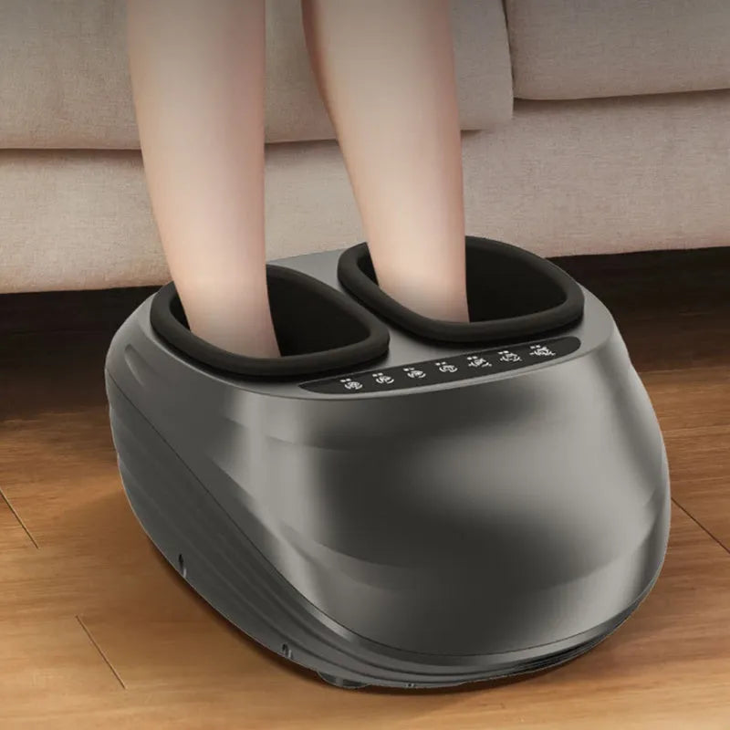 Black foot massager with push-button control, automatic kneading and heating for home use
