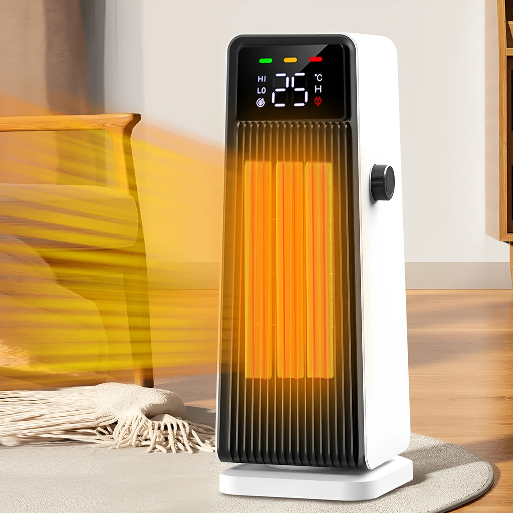 Small white air conditioner with PTC heater, touch controls, and shaking head for 30m² rooms