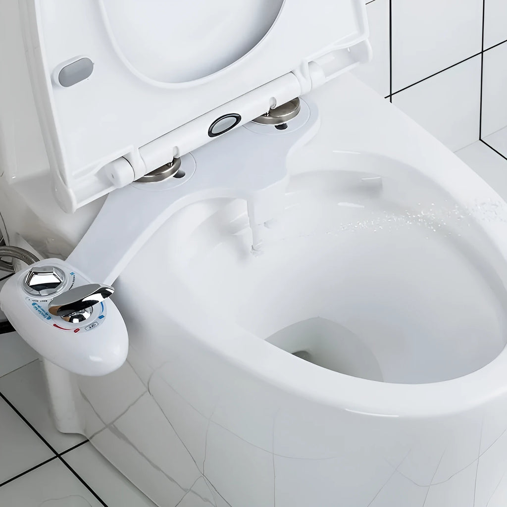 Power-free toilet seat cover body cleaner with hip wash nozzle and water pressure adjustment dial in ABS plastic